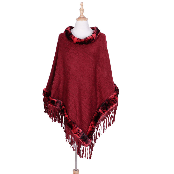 Damen Eleganter Wollmix‑Poncho mit Kunstfellbesatz und Fransensaum Drune