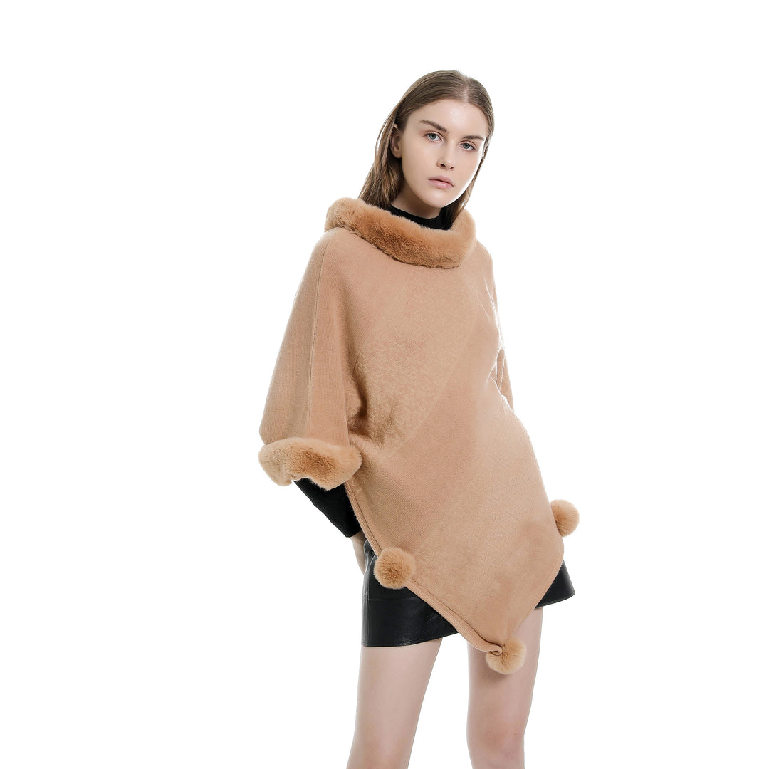 Damen Ruana-Poncho mit Kunstfellbesatz, Kaschmir-Touch und Bommel-Saum Drune