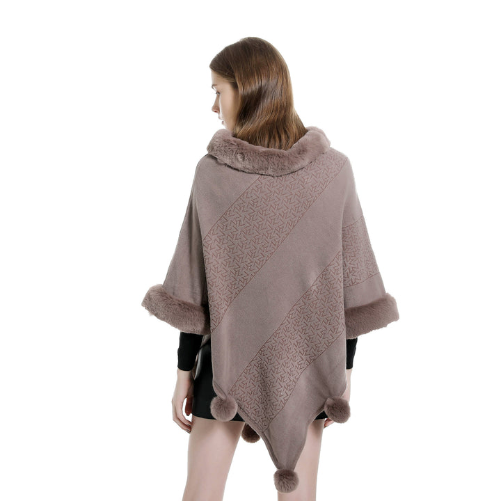 Damen Ruana-Poncho mit Kunstfellbesatz, Kaschmir-Touch und Bommel-Saum Drune