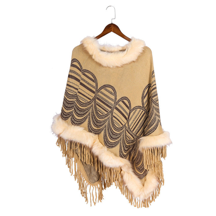 Damen Fransen‑Poncho mit Kunstfellbesatz und Jacquard‑Ruana Drune