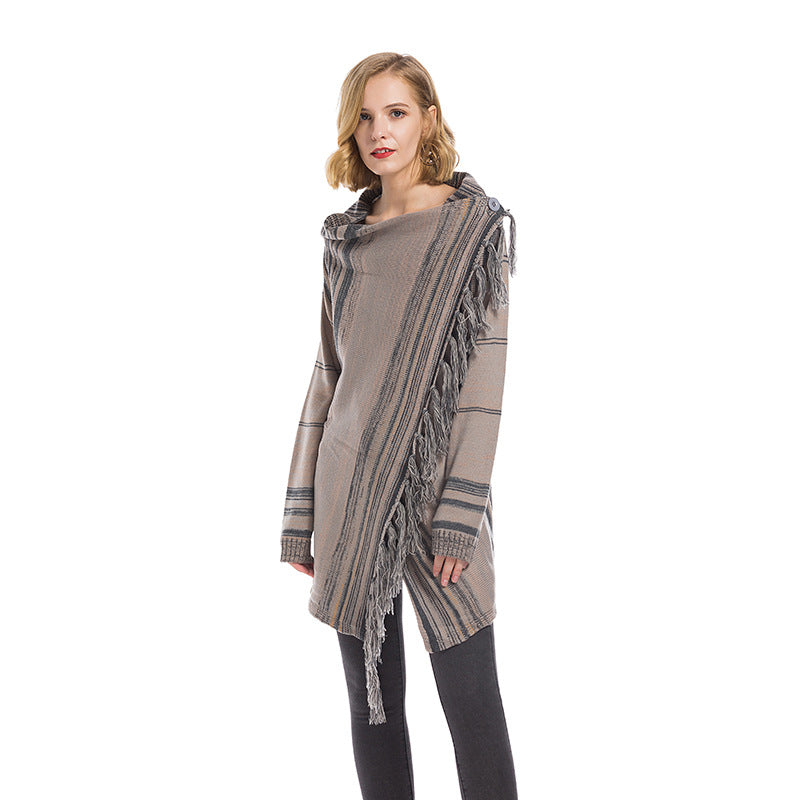 Damen modischer Poncho mit Fransen und geometrischem Muster Drune