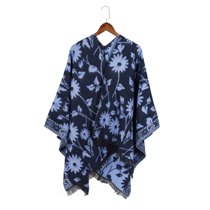 Damen Jacquard‑Ruana‑Poncho mit floralem Jacquard, Fransensaum und weichem Wollmix Drune