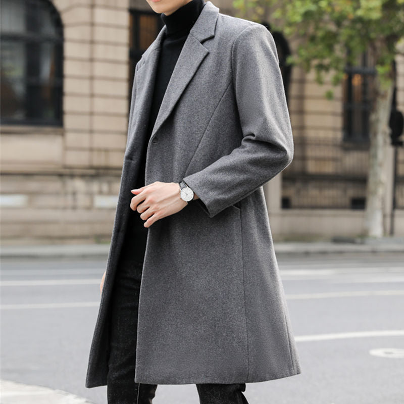 Herren Langer eleganter Einreihiger Wollmix-Mantel mit klassischem Revers Drune