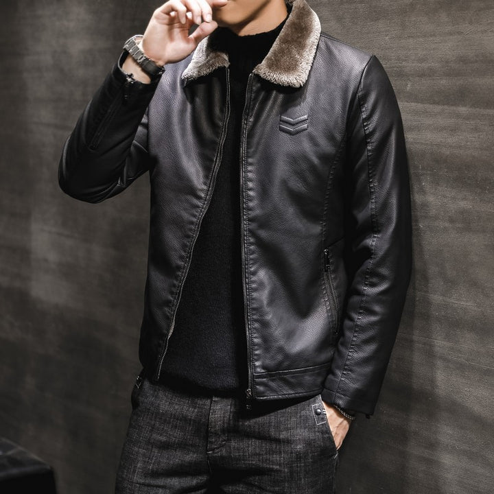 Herren Modische Kunstlederjacke mit warmem Fleece-Futter Drune