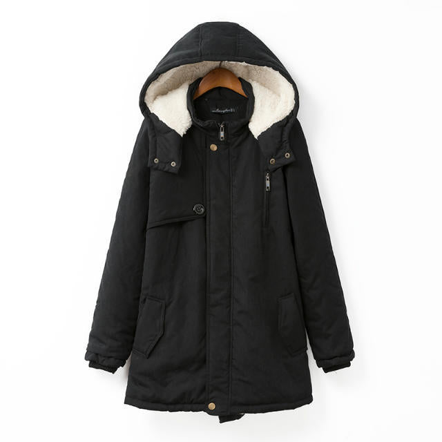 Damen nan gefütterter Winterparka mit Teddyfutter, Kapuze und verdeckter Reißverschlussblende Drune