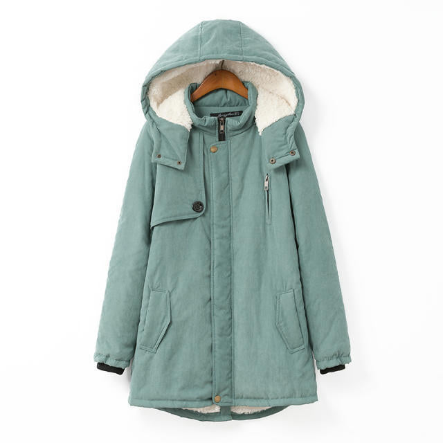 Damen nan gefütterter Winterparka mit Teddyfutter, Kapuze und verdeckter Reißverschlussblende Drune