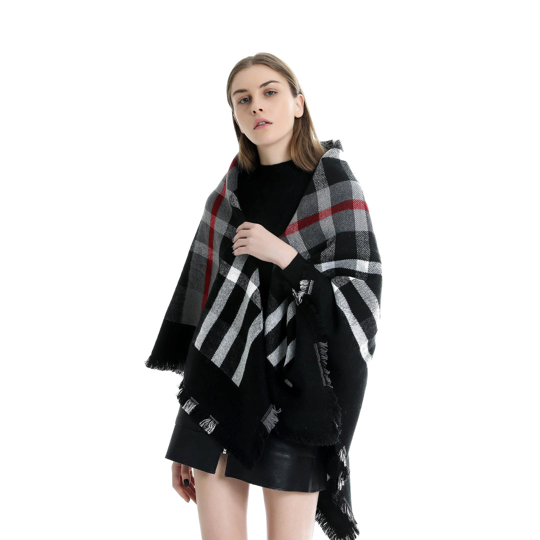 Damen Karierter Wollmix-Capeponcho mit Fransen und Lederverschluss Drune