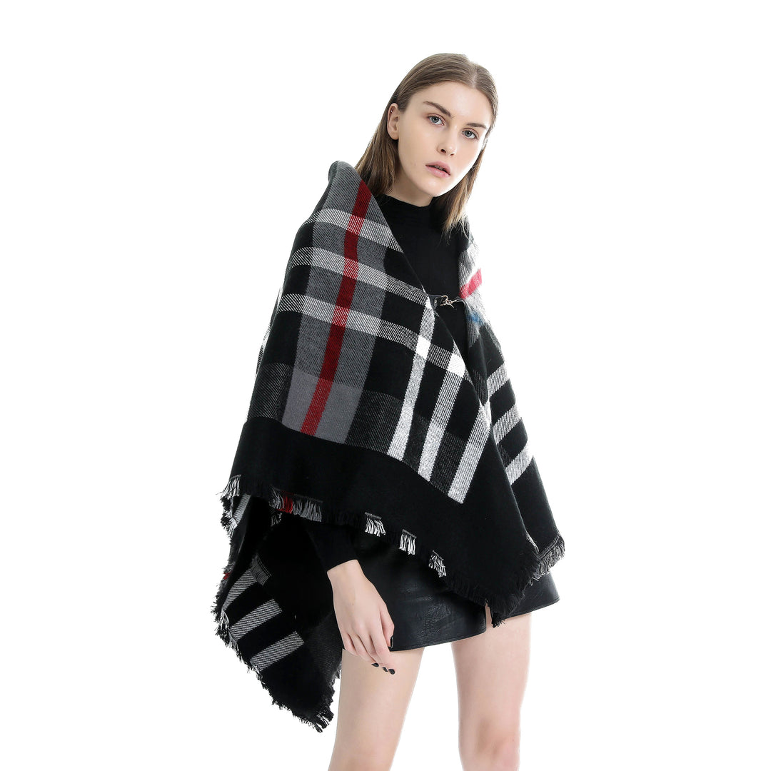 Damen Karierter Wollmix-Capeponcho mit Fransen und Lederverschluss Drune