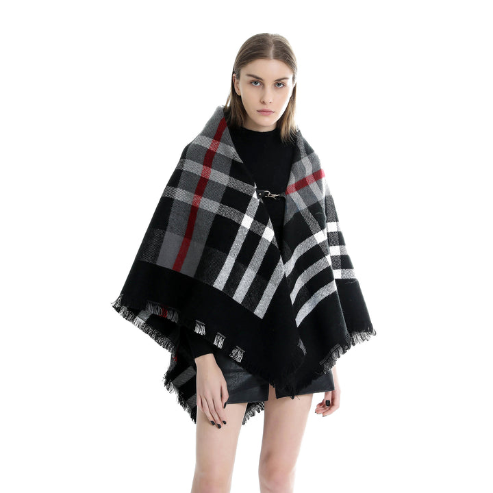 Damen Karierter Wollmix-Capeponcho mit Fransen und Lederverschluss Drune