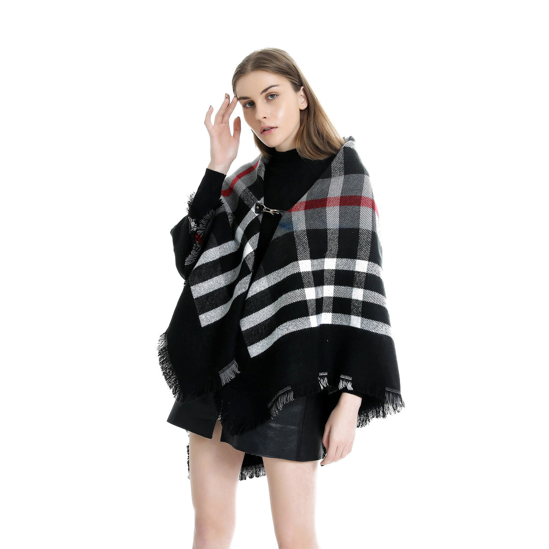 Damen Karierter Wollmix-Capeponcho mit Fransen und Lederverschluss Drune