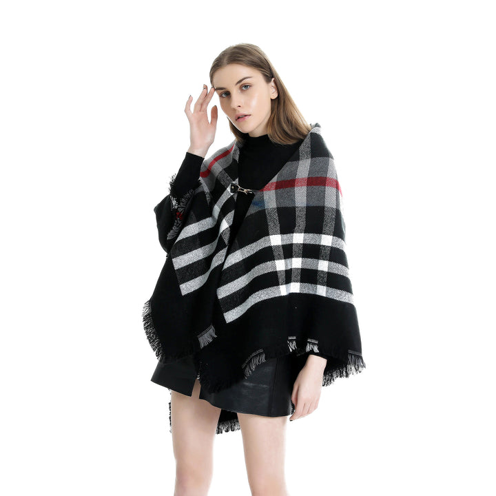 Damen Karierter Wollmix-Capeponcho mit Fransen und Lederverschluss Drune