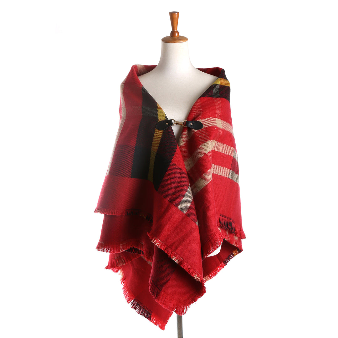 Damen Karierter Wollmix-Capeponcho mit Fransen und Lederverschluss Drune
