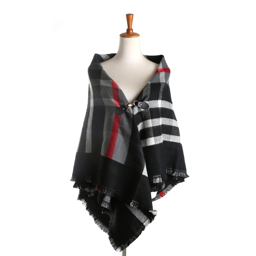 Damen Karierter Wollmix-Capeponcho mit Fransen und Lederverschluss Drune