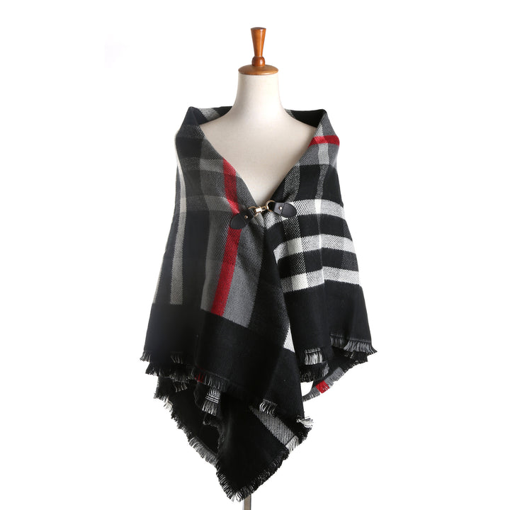 Damen Karierter Wollmix-Capeponcho mit Fransen und Lederverschluss Drune