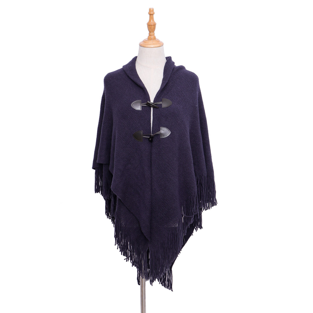Damen Strick-Ruana-Poncho mit Schalkragen, Knebelverschlüssen und Fransensaum Drune