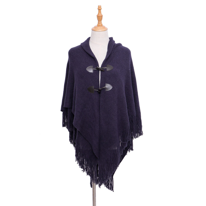 Damen Strick-Ruana-Poncho mit Schalkragen, Knebelverschlüssen und Fransensaum Drune
