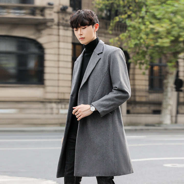 Herren Einreihiger Wollmix-Longcoat mit schmalem Revers und minimalistischer Silhouette Drune