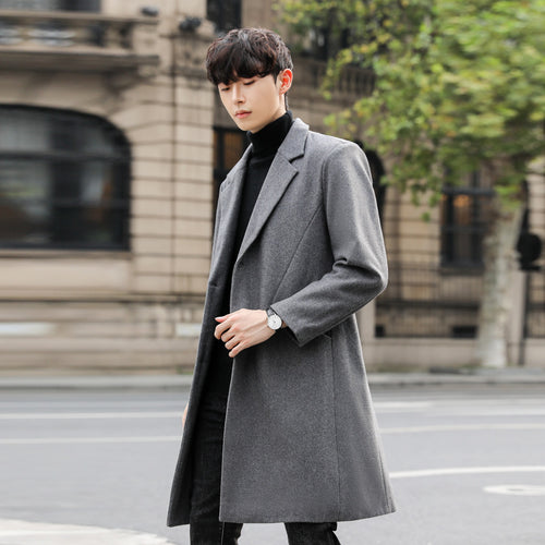 Herren Einreihiger Wollmix-Longcoat mit schmalem Revers und minimalistischer Silhouette Drune