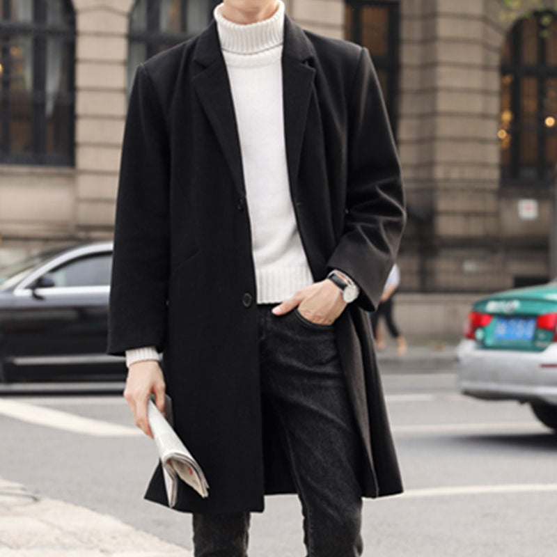 Herren Langer eleganter Einreihiger Wollmix-Mantel mit klassischem Revers Drune