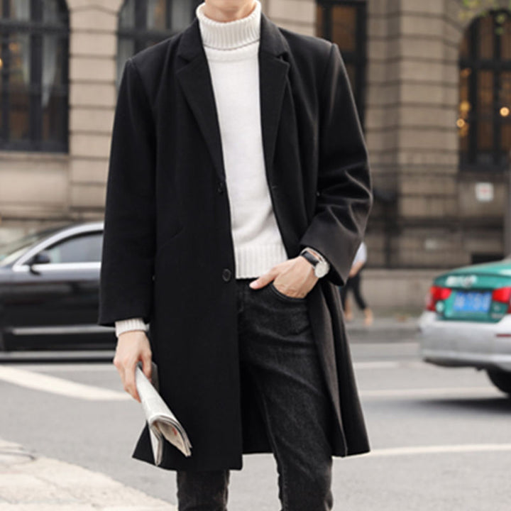 Herren Langer eleganter Einreihiger Wollmix-Mantel mit klassischem Revers Drune