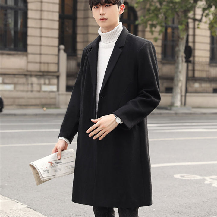 Herren Einreihiger Wollmix-Longcoat mit schmalem Revers und minimalistischer Silhouette Drune
