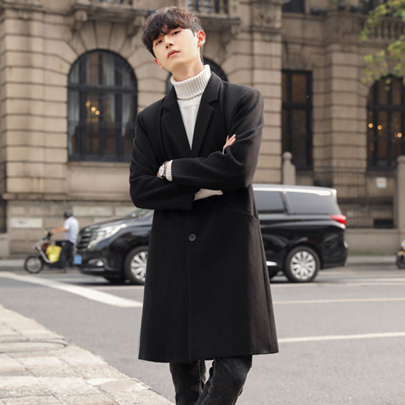 Herren Eleganter Longcoat aus Wollmix mit verdeckter Knopfleiste und Rückenschlitz Drune