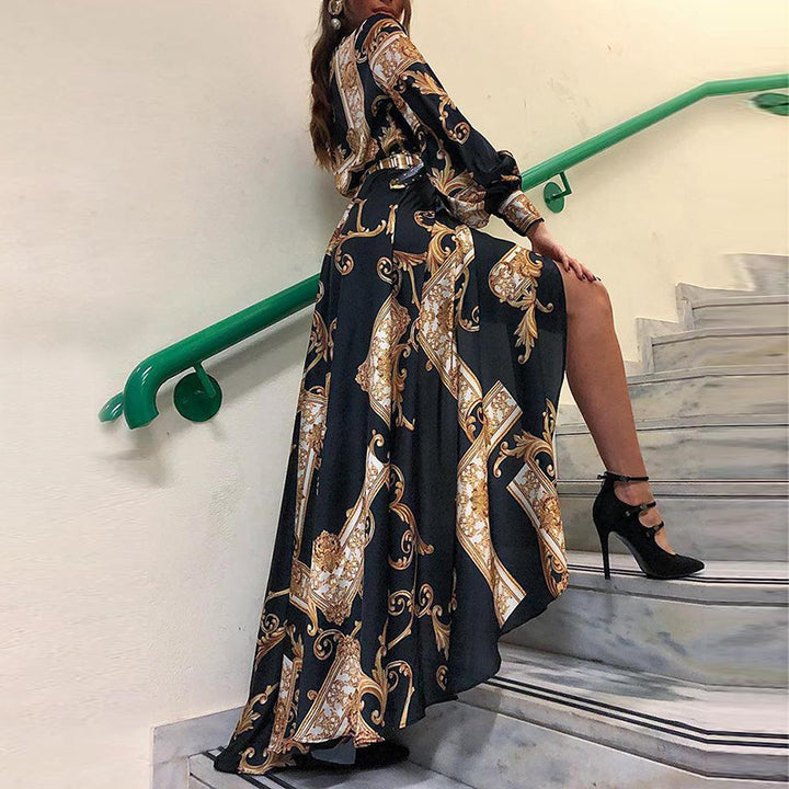 Damen Asymmetrisches Maxikleid mit elegantem Barockmuster und tiefem Schlitz Drune