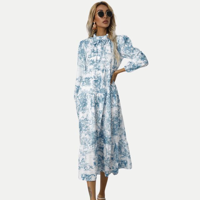 Drune | Toile-Druck Midi-Kleid mit hohem Kragen