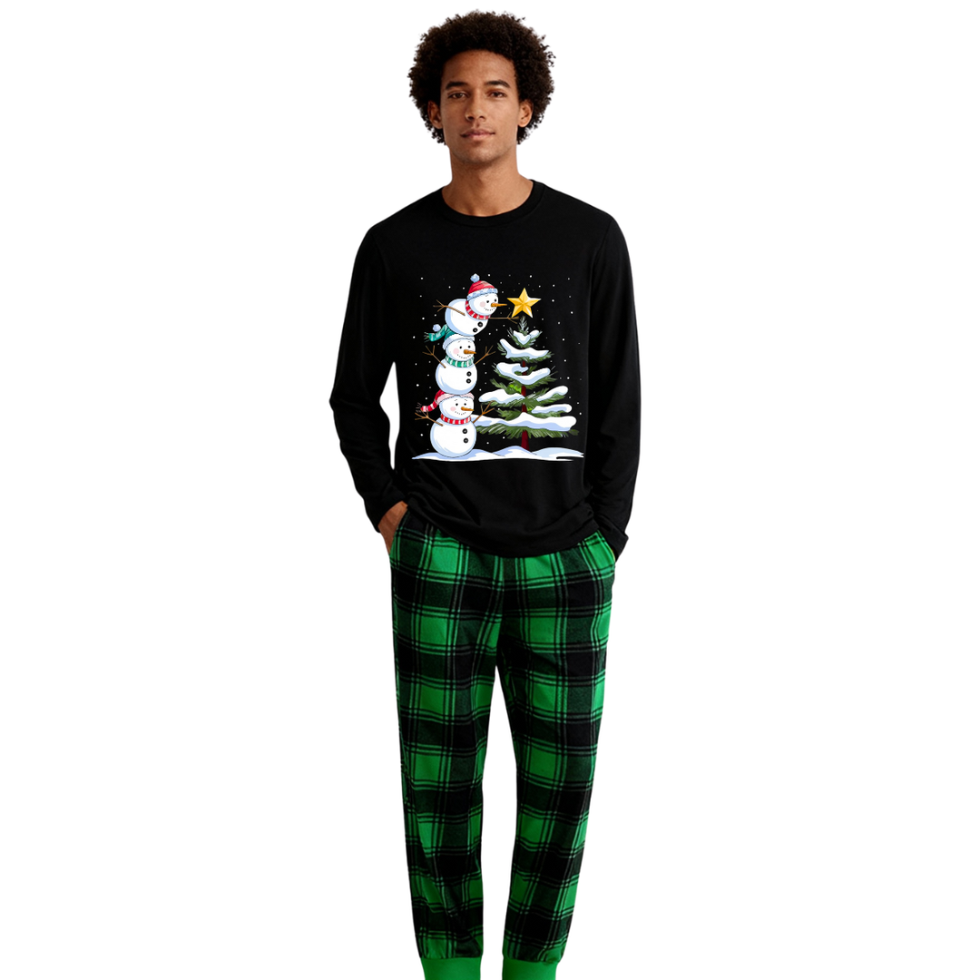 Drune | Weihnachtsfamilien-Pyjama-Set - Schwarzes Oberteil und grüne Karo-Hose mit Schneemann-Comic-Druck