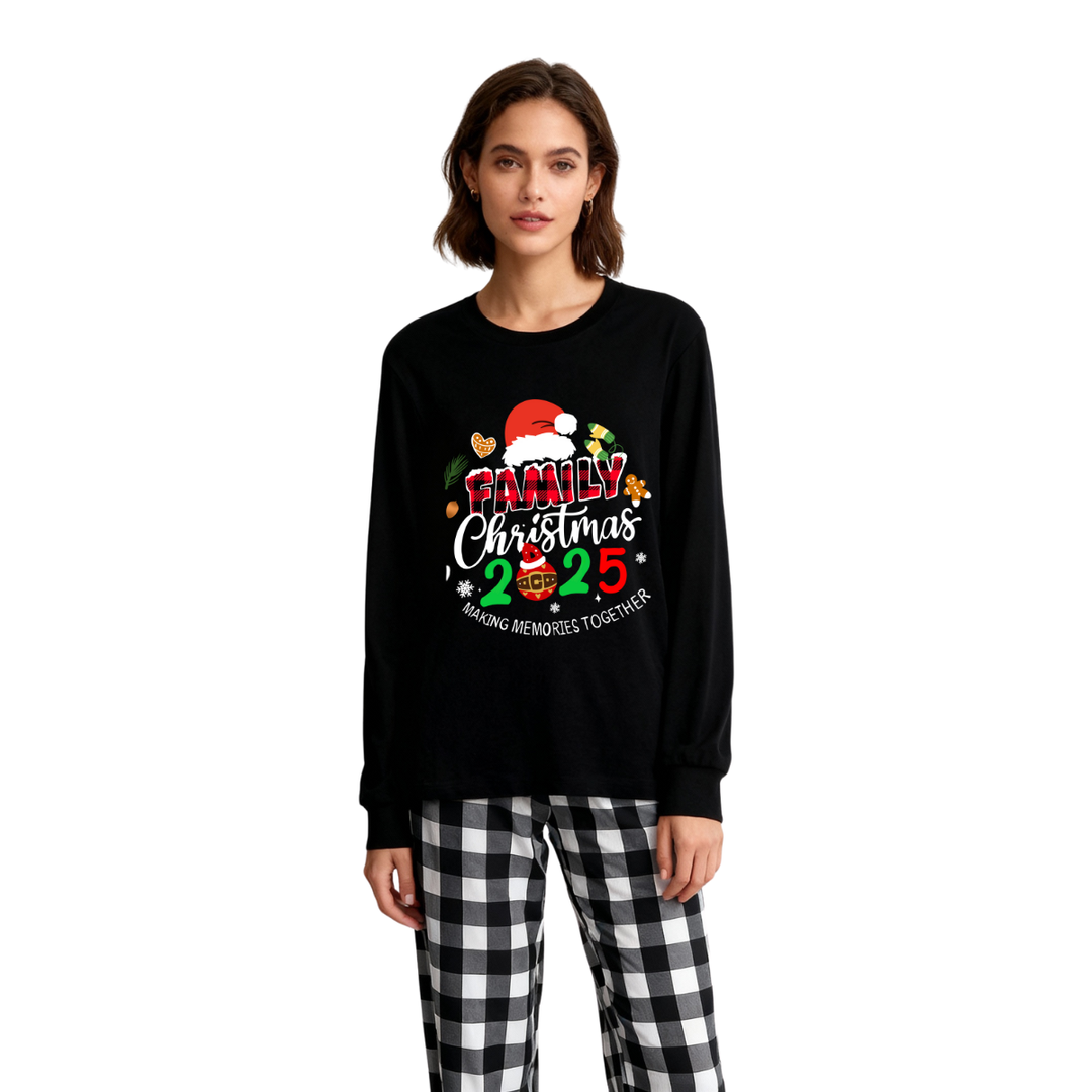 Drune | Familie Weihnachten 2025 Gemeinsam Erinnerungen Schaffen Textdruck Schwarzes Langarmshirt mit Schwarz-weißen Karohosen Familienpassende Pyjamas