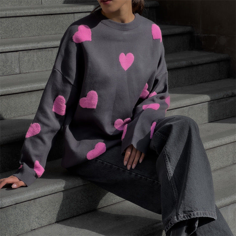 Drune | Strick Sweatshirt - Übergrößenpassform - Herzmuster - Langarm Freizeitoberteil