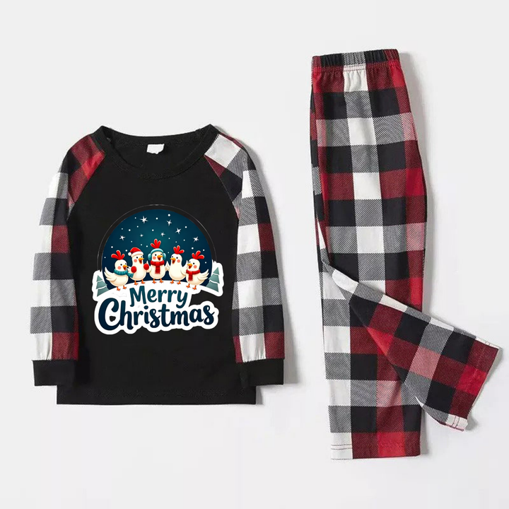 Drune | Rote und graue karierten Weihnachts-Pyjamas mit glücklichen Hühnern und "Frohe Weihnachten" Textdruck