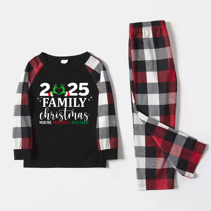 Drune | "2025 Familie Weihnachten" Eigenwilliger Herz Buchstaben Druck Rot & Schwarz & Grau & Weiß Karierte Familienpassende Pyjamas