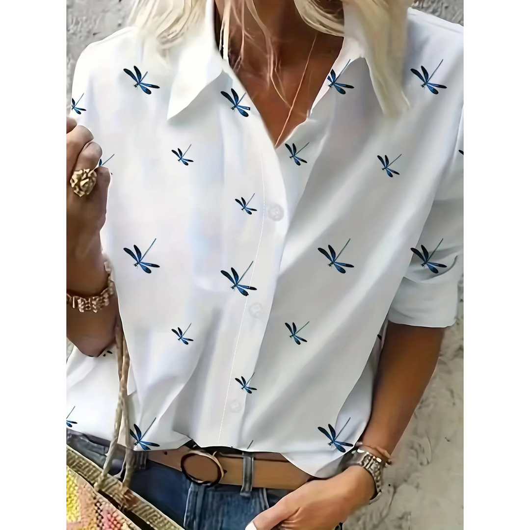 Drune | Weiße Elegante Damenbluse mit Blumenmuster und Kragen