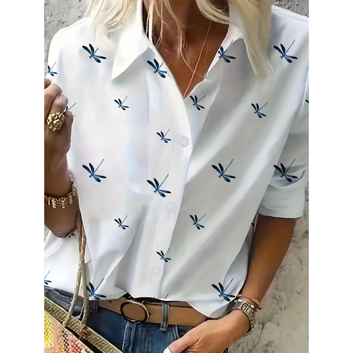 Drune | Weiße Elegante Damenbluse mit Blumenmuster und Kragen