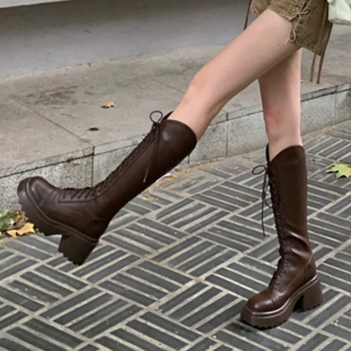 Drune | Hohe Stiefel Damenstiefel mit Schnürung und Robuster Ferse