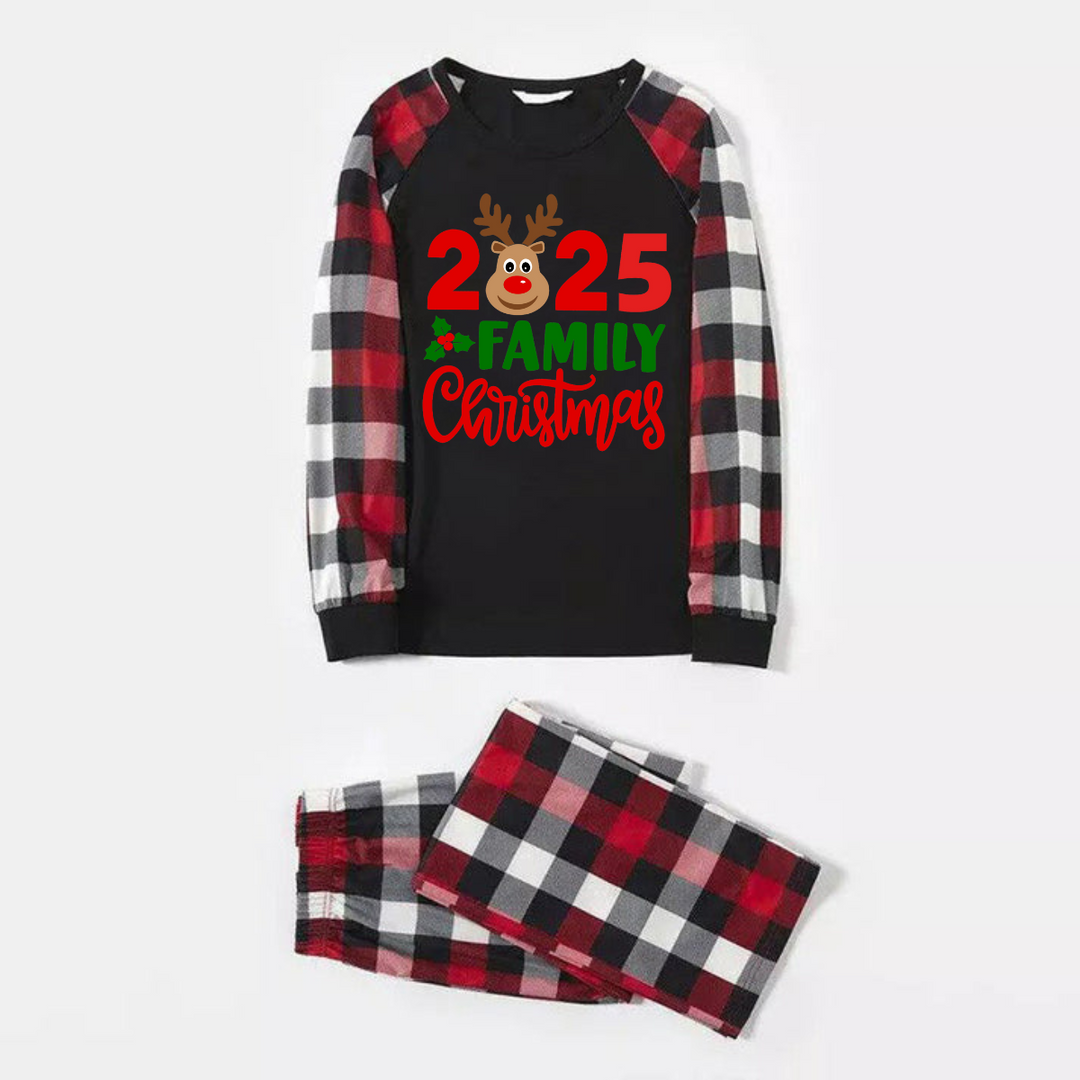 Drune | "2025 Familientag Weihnachten" Moose Letter Prints Rot & Schwarz & Grau & Weiß Kariert Familienstil Schlafanzüge