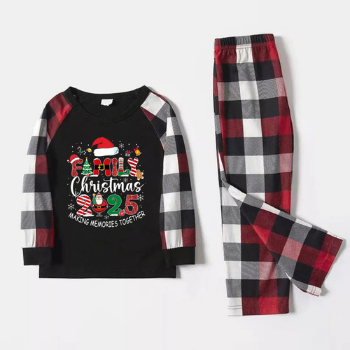 Drune | Rote und graue karierte Weihnachts-Pyjama-Set mit dem Textdruck 