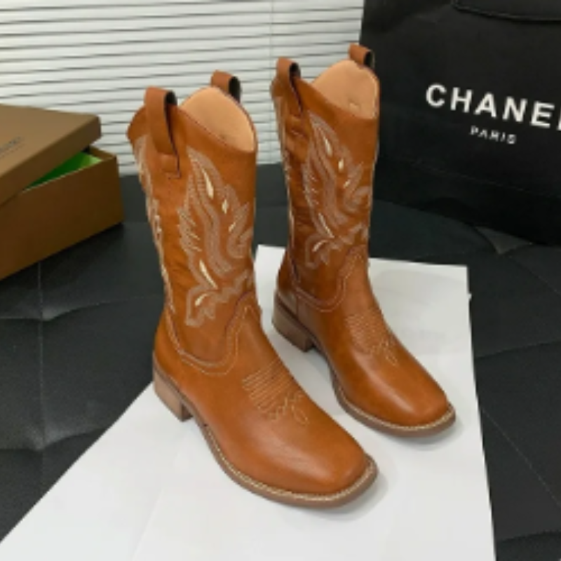 Drune | Western Stil Stiefel Damen mit Spitzem Kopf und Blockabsatz, Cowboy Stiefel Damen