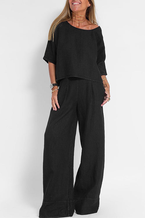 Drune | Rosiedress Rundhals 3/4 Ärmel Pullover Weite Beinhosen Baumwolle Leinen Set