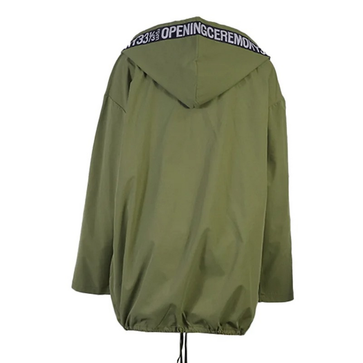 Damen Trenchcoat mit Kapuze und Auffälligem Textdesign
