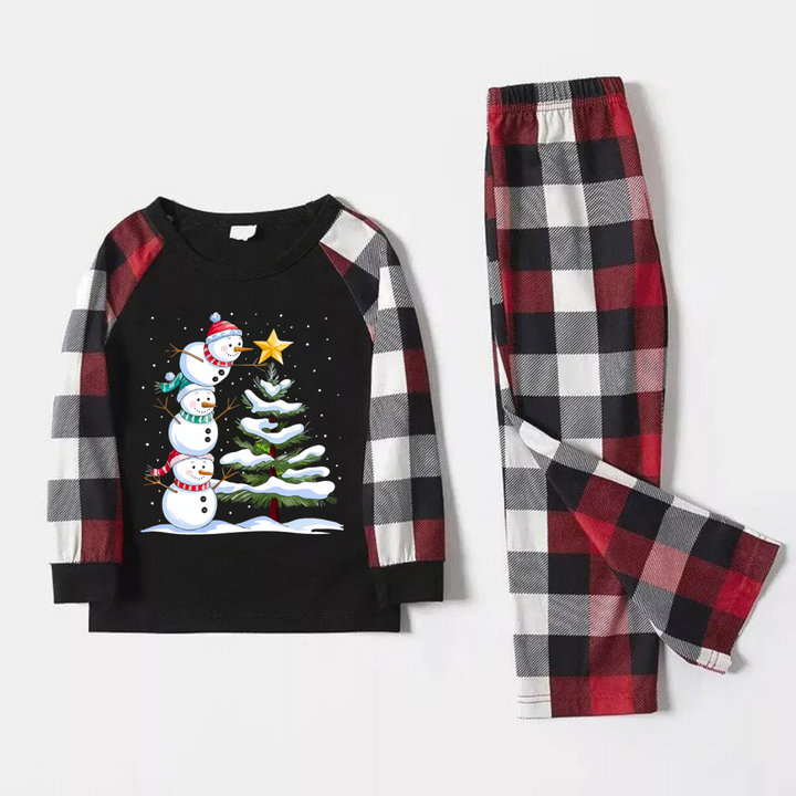 Drune | Rote und graue karierte Weihnachts-Pyjama-Set mit Schneemann- und Weihnachtsbaum-Print