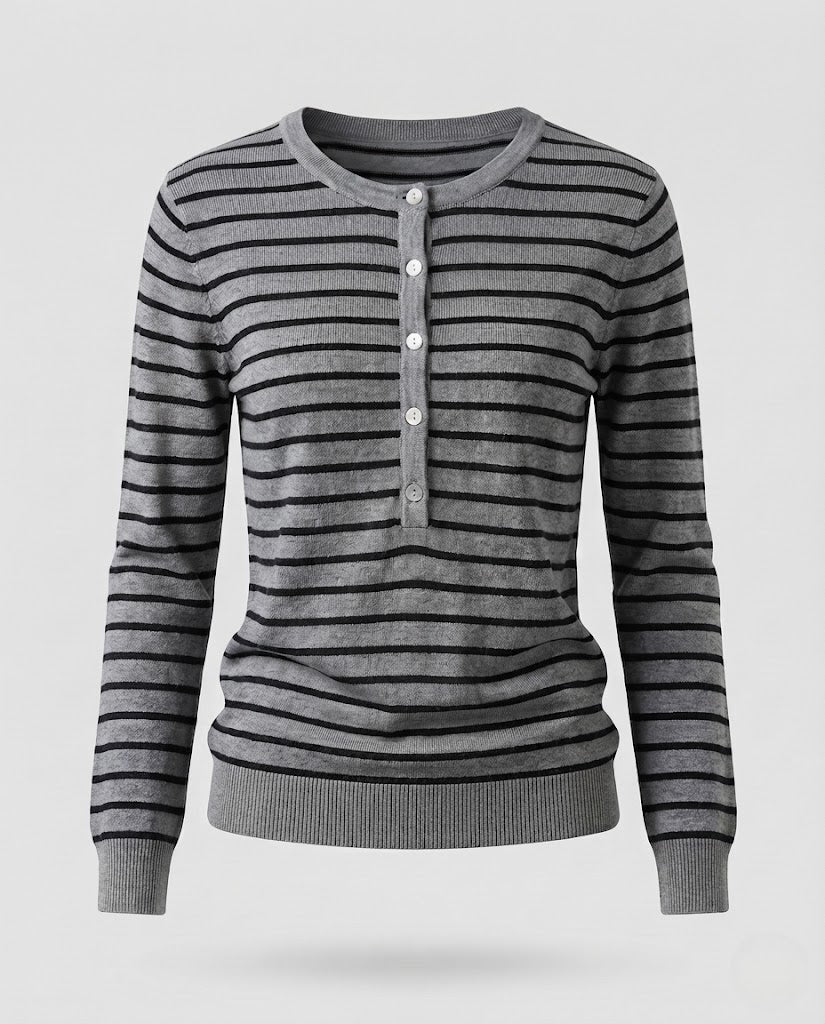 Damen Gestreifter Henley-Feinstrickpullover mit Knopfleiste Drune