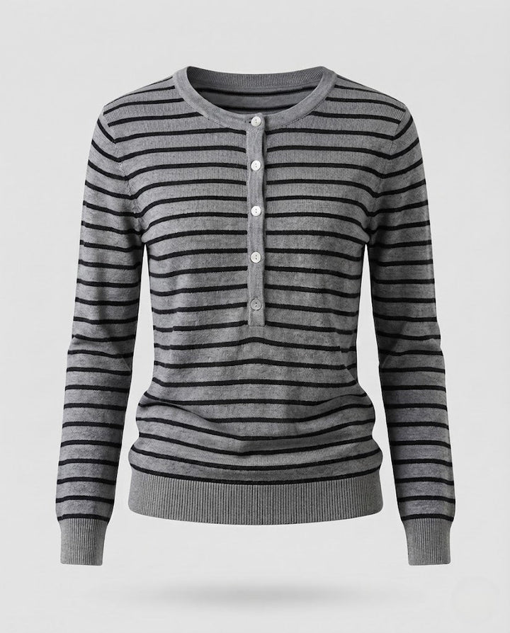 Damen Gestreifter Henley-Feinstrickpullover mit Knopfleiste Drune