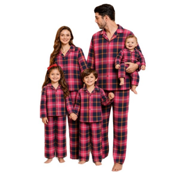 Familien-Schlafanzug-Set, kariert, Langarm, mit Revers