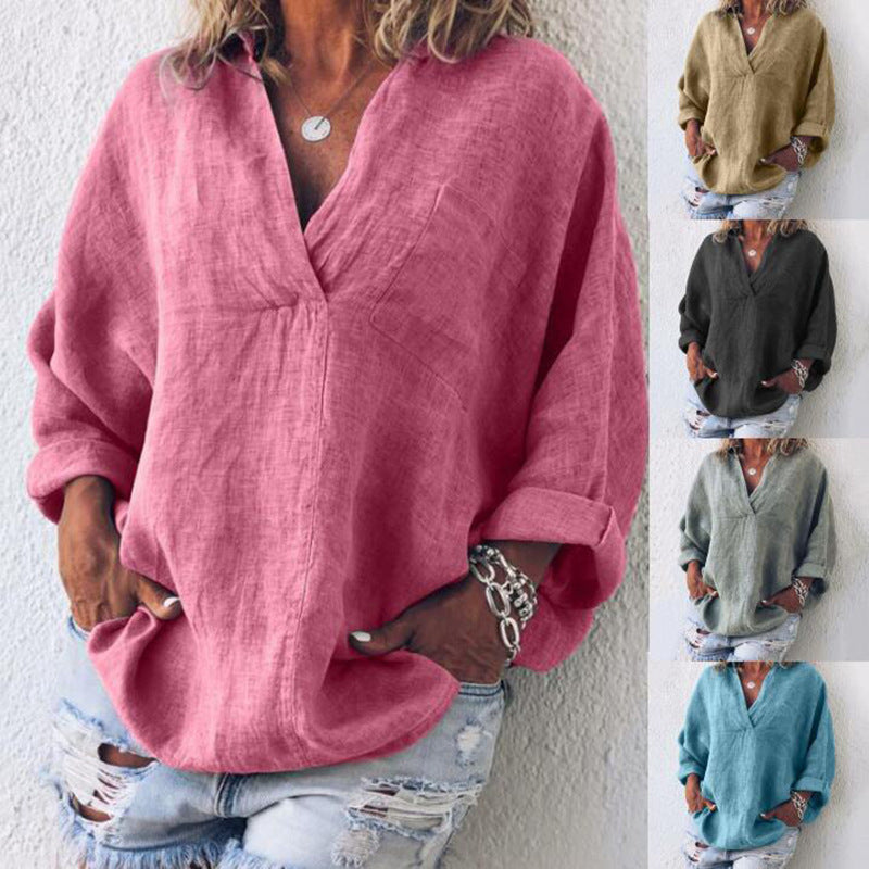 Damen Leinen Tunika Oversize mit V-Ausschnitt Brusttasche und hochrollbaren Ärmeln Drune