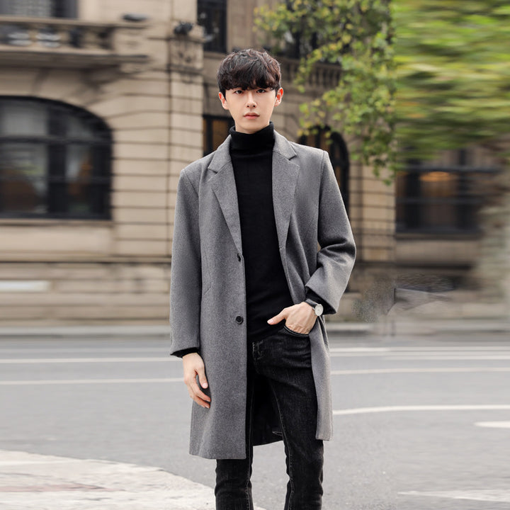 Herren Einreihiger Wollmix-Longcoat mit schmalem Revers und minimalistischer Silhouette Drune