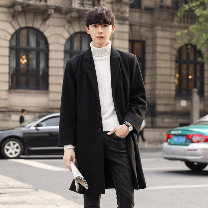Herren Einreihiger Wollmix-Longcoat mit schmalem Revers und minimalistischer Silhouette Drune