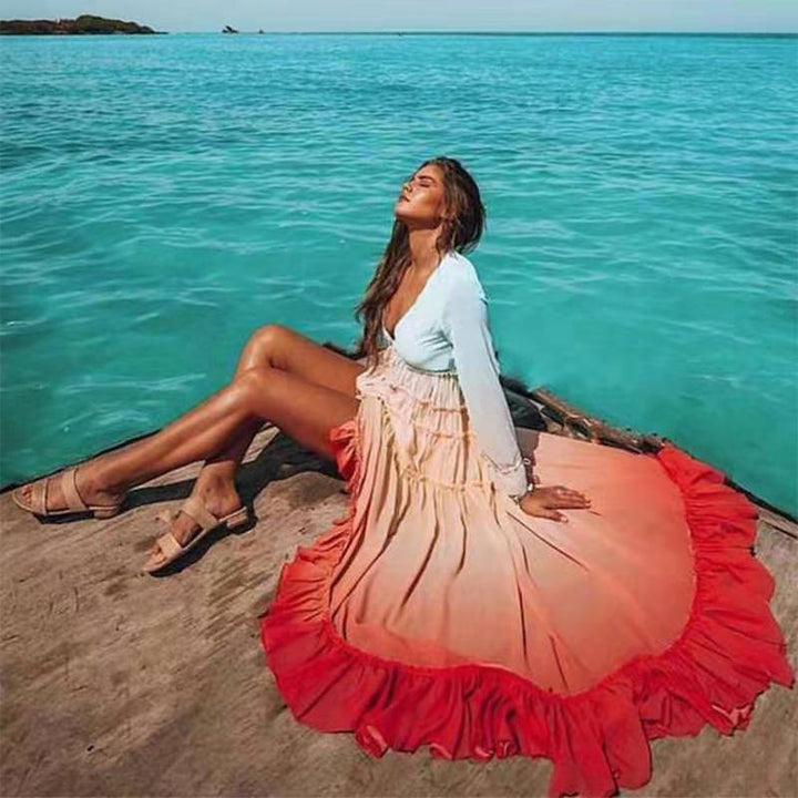 Damen Boho Maxikleid mit voluminösem Rock und Rüschen Drune