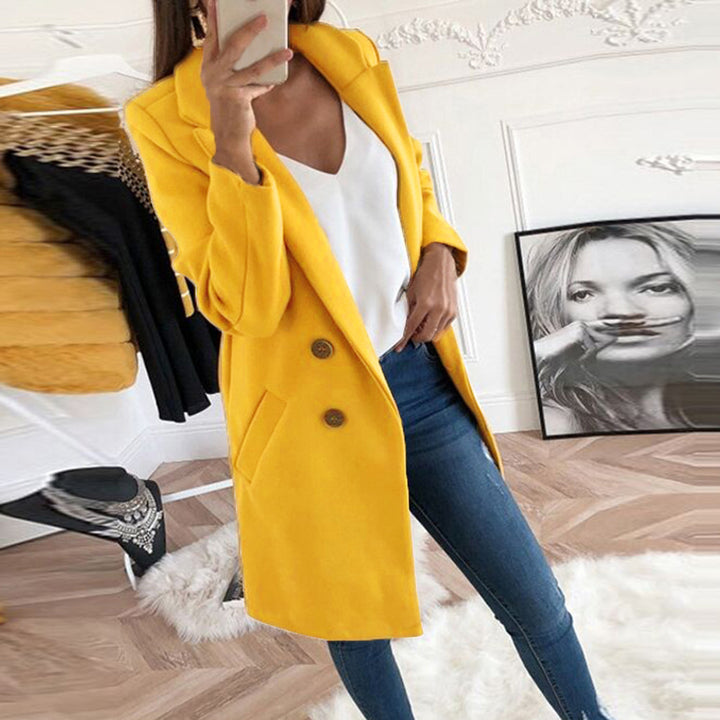 Damen Longline Wollmix-Mantel mit Reverskragen, doppelreihiger Knopfleiste und Eingrifftaschen Drune